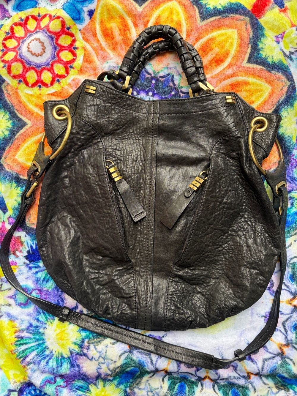 orYANY Black Gwen Distressed Pebbled Leather Hobo Style Bag With Golden Hardware